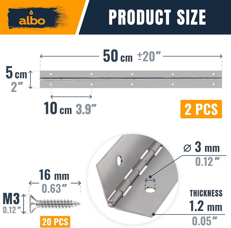 ALBO 20 Inch Silver Heavy Duty Piano Hinge Continuous Stainless Steel 304 (2-Pack), Surface Mount Cabinet Hinges Silver 20"x2" for Counter Flap, Workshop Storage, Toy Chest & File Cabinet - Image 2